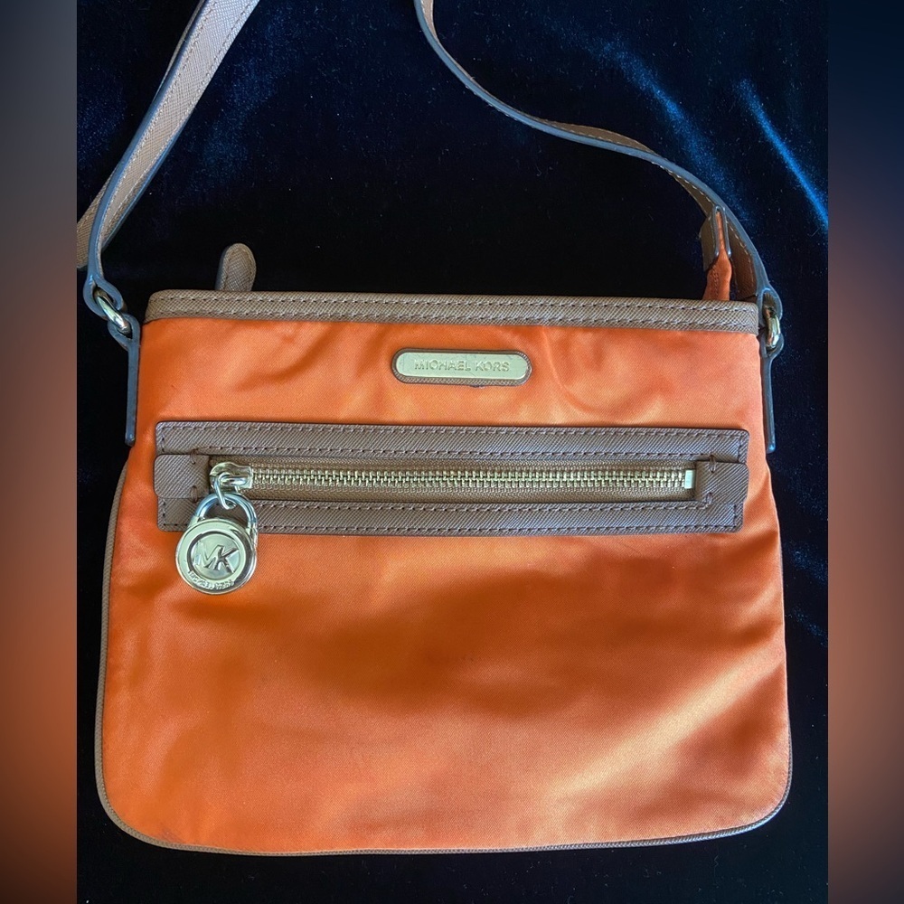 Michael Kors Kempton Orange Nylon British Tan Leather Pocket Crossbody Bag